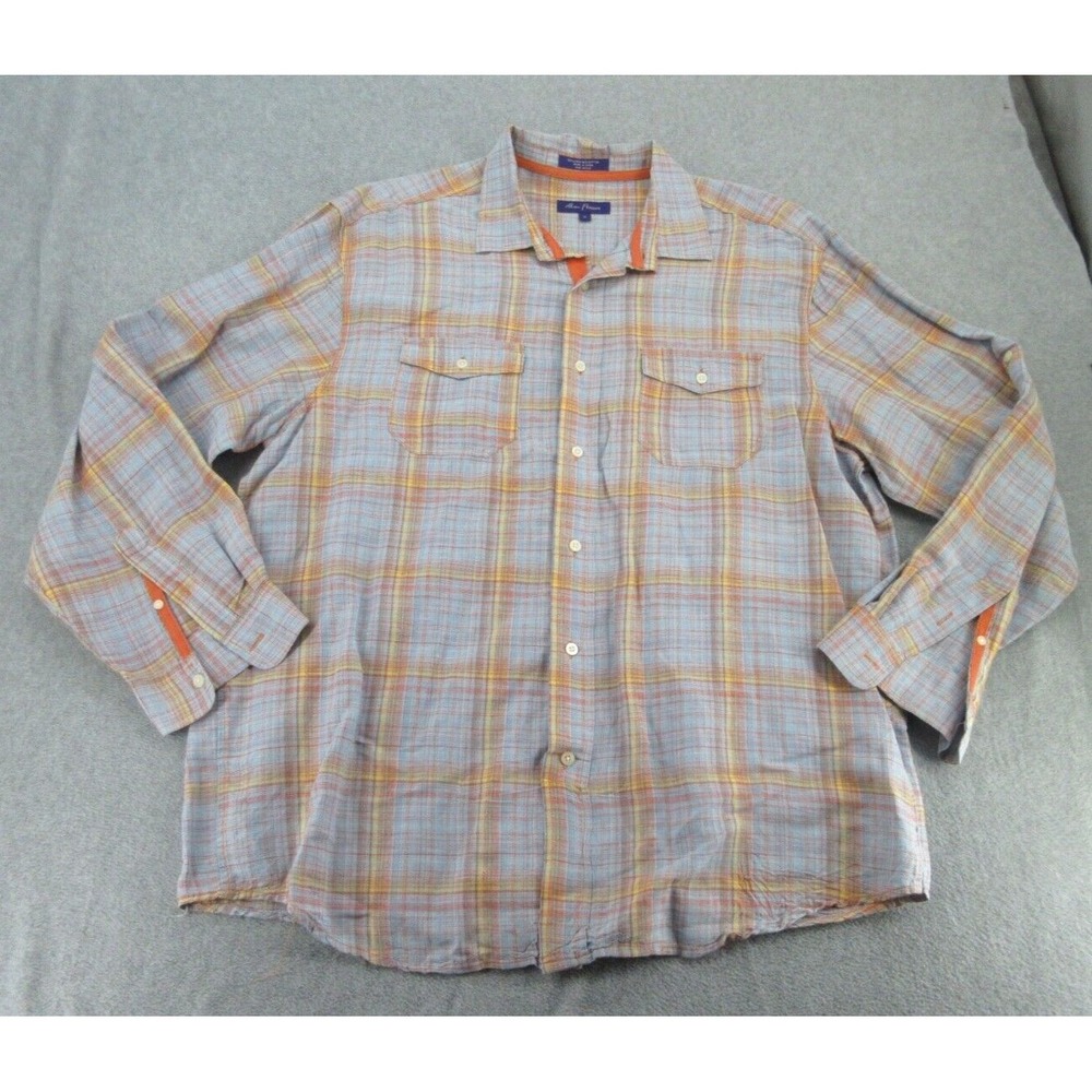 Alan Flusser Mens Button Front Shirt Regular Blue Orange Plaid Linen Blend XL